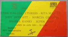 Billet reggae / ticket - The Wailers - Rita Marley - Paris 1991 10e mort de Bob