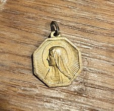 French medal Virgin Mary Lourdes 3/4” Gold Gilt our lady Necklace Pendant