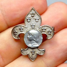 Saint Joan of Arc, Fleur de Lis. Antique Religious Brooch. French Large Medal.