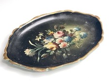 Ancien Plateau Bois Peint Main Décor Floral XXeme signé Antique Wooden Tray