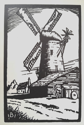 Windmill wind mill linocut - windmill,