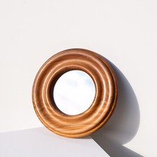 Miroir Moderniste Rond en Bois Orme, Travail Artisanal Français Années 60