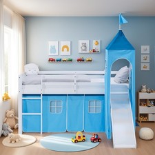 Lit mezzanine 90x200 d'enfant avec toboggan tour rideau bleu bois Homestyle4u