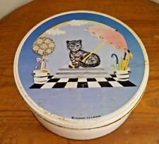 Ancienne Boite métal à biscuit ronde Décor Chat au parapluie K + S design