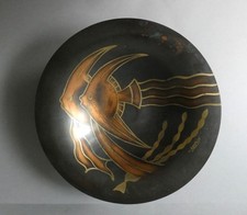 coupe sur pied en cuivre signée, Lucien Gerfaux, poissons, dinanderie Art Deco