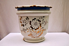 Vintage Vaisselle Émaillée Floral Théière Avec Doré Accents Circa 1950 Bleu Rim