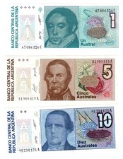 LOT SET SERIE 3 BILLETS Argentine ARGENTINA  1 & 5 & 10 AUSTRALES ND UNC NEUF