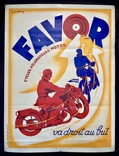 Affiche lithographiée FAVOR : Cycles - Vélomoteurs - Motos 1930
