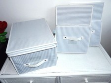 Lot 3 boîtes tissu coton Textura 40 cm, rayures bleu blanc, pliables à couvercle