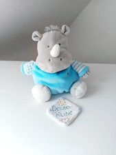 Peluche/Doudou Rhinocéros Boule Gris Corne Blanc Bleu Rayé 20cm - Okaïdi Obaïbi