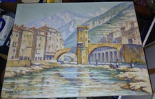 Tableau ancien Huile sur toile à restaurer Sospel par Gaston Aubert XIXème XXème