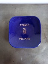 CENDRIER PUBLICITAIRE COGNAC DELAMAIN EN CÉRAMIQUE ANCIEN BLEU COBALT DORÉ