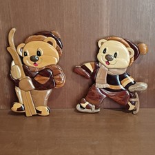 Oursons En Bois Marquetterie, Décoration Chambre Enfant, Ski, Montagne, Patins