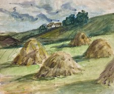 Aquarelle Heuhaufen Paysage D'Été Plupart Hang Maison Mid Century Vintage