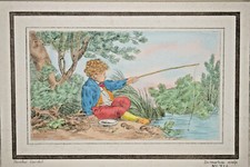 Enfant Canne a Peche BOUCHER Gravure EAU FORTE Demarteau XX°