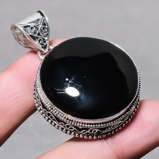 Pendentif ancien bijou fait main pierre précieuse forme ronde en onyx noir 2,...