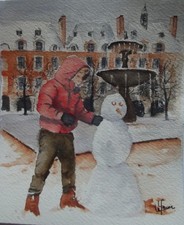 Aquarelle originale signée paysage "Le bonhomme de neige"