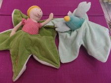 B7G / lot 2 doudous reversibles Balthazar Valentine vert oiseau bleu MOULIN ROTY