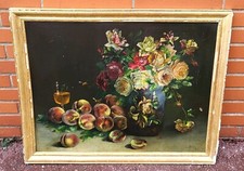 Tableau ancien signé BRUN Bouquet de Fleurs Pêches Peinture huile sur panneau 