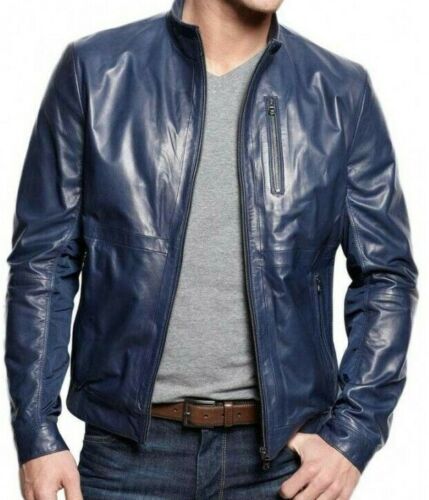 Bleu marine cuir veste - bleu,