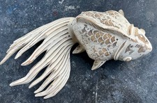 Sculpture Grand Poisson Koï Bois sculpté patiné 42cm  Large Koi Fish Carved Wood