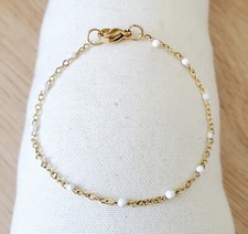 Bracelet perles résine Blanc acier inoxydable or artinal fait main femme 18cm