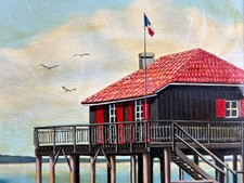 Ancien tableau  marine Bateaux Les Cabannes  ponton LE CAP FERRET signé  hst