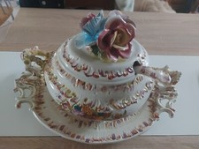 Ancienne soupière et son présentoir barbotine Bassano Italie XXème décoration 