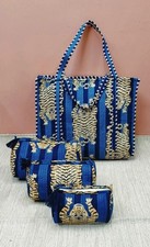 Indien Bleu Tigre Matelassé Épaule Sac Coton Avec 3 Articles de Toilette Set US