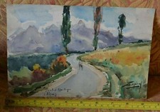Aquarelle Gouache Léopold Pradére 1869-1941 chemin route montagnes Alpes 24x16