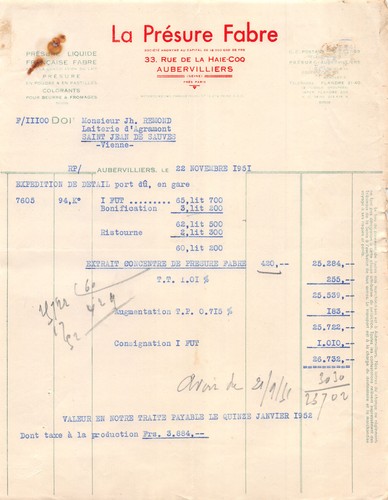 Facture 1931 la presure - ,