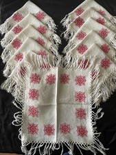 Set 11 Vintage French Cotton Handmade Fringed Red Cross Stitch Napkins XMAS