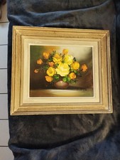  TABLEAU HUILE SUR PANNEAU BOIS  DECOR DE Rose Orange Signé 