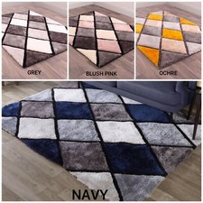 Diamant 3D Sculpté Tapis Doux Peluche Shaggy Chambre Salle à Manger Large Gris