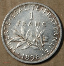 (FR1) FRANCE SEMEUSE 1 franc 1898, SUP+, Cote 100€, lartdesgents.fr p488/4