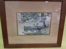 AQUARELLE ANCIENNE BARQUE BORD DE LAC