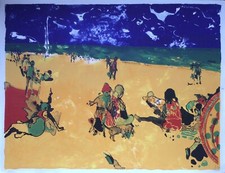 Philippe CARA COSTEA 1925-2006.La plage au ciel bleu.Lithographie.SBD.50x65