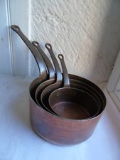 French 4 copper pots sugar pots saucepans iron handle copper rivets