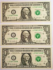  3 billets de 1 DOLLAR US avec numéros de série consécutifs - LIVRAISON GRATUITE