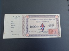 BILLET DE 1000 FRANCS DU RASSEMBLEMENT DU PEUPLE FRANÇAIS RPF AVEC SOUCHE P.NEUF