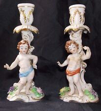 2 ANCIENS BOUGEOIRS ANGELOTS CHERUBINS PORCELAINE ALLEMANDE SAXE MEISSEN