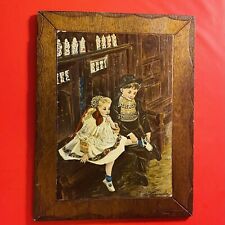 Tableau papier peint sur bois signé Charles Homualk enfants bigoudens lit clos 