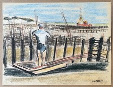 JEAN TARGET (1910-1997) Dessin Original Mer Marin Pêcheur Moules Bateau #56