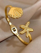 Bracelet Étoile De Mer Coquillage Acier Inoxydable Jonc Manchette Doré Or Jaune