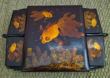 Vintage 1950 Hanoi Vietnamese Lacquer Trinket Box Gold Fish Painting Signed