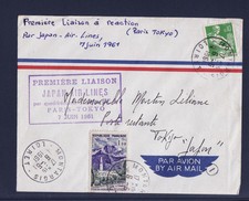 q/ enveloppe  première liaison vol Japan air lines  Paris Tokyo  1961