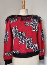 MAGNIFIQUE PULL ROUGE TRICOT MAIN LAINE ANNY BLATT MOHAIR HANDMADE NOEL LUREX