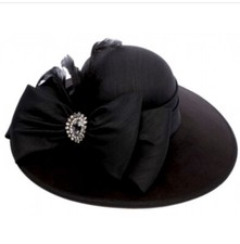 USA REFINED SHANTUNG WIDE BRIM FEATHER BOW DRESS HAT RHINESTONE PENDANT BLACK
