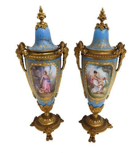 Pair sevres style hand - style, painted