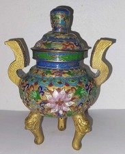 BRULE PARFUM ENCENS POT COUVERT ASIE CHINE JAPON LAITON EMAILLE ENAMEL OR